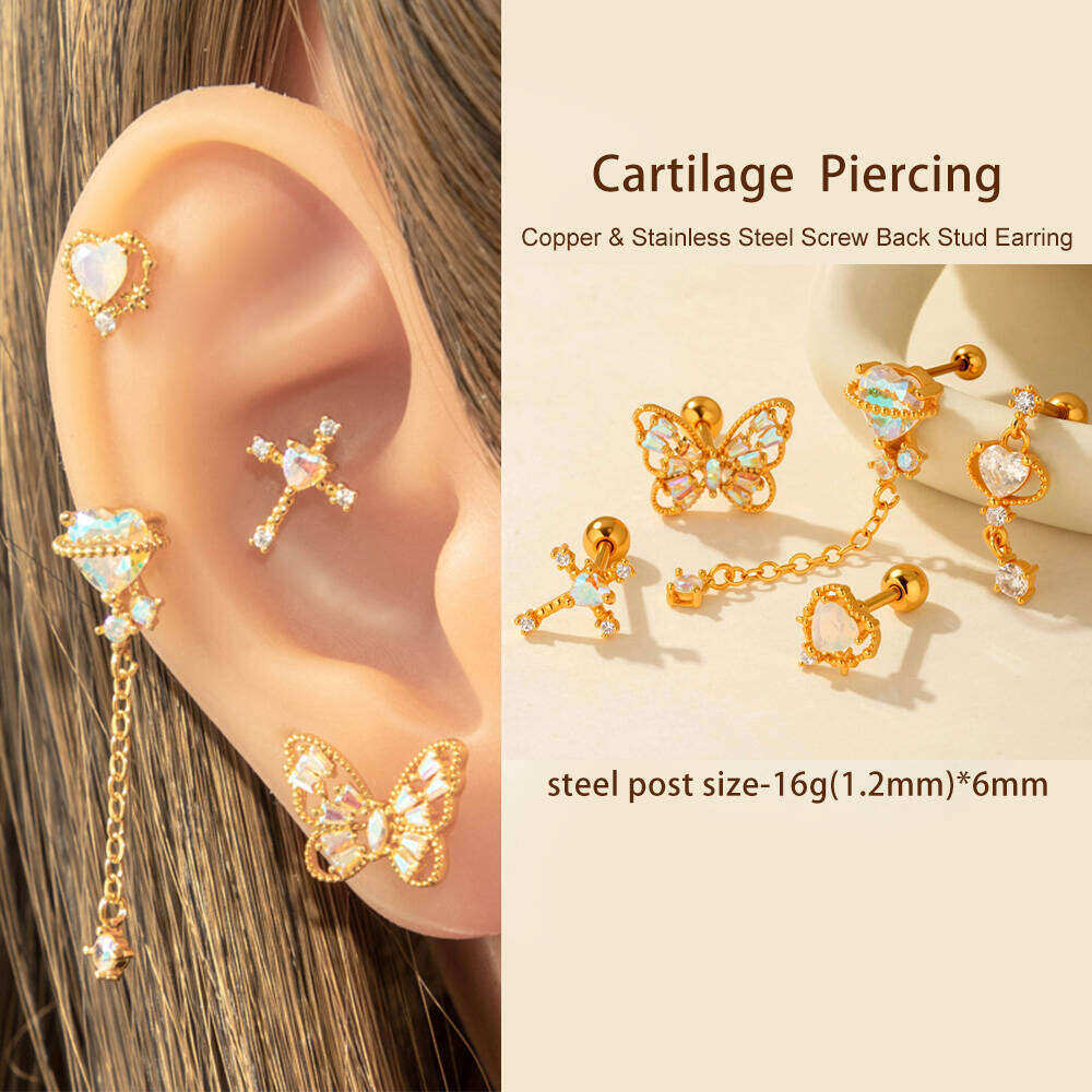 1 Adet Basit Seri Basit Kalp Bakır Altın Rengi Zirkonyum Kadın Piercing Küpe 2