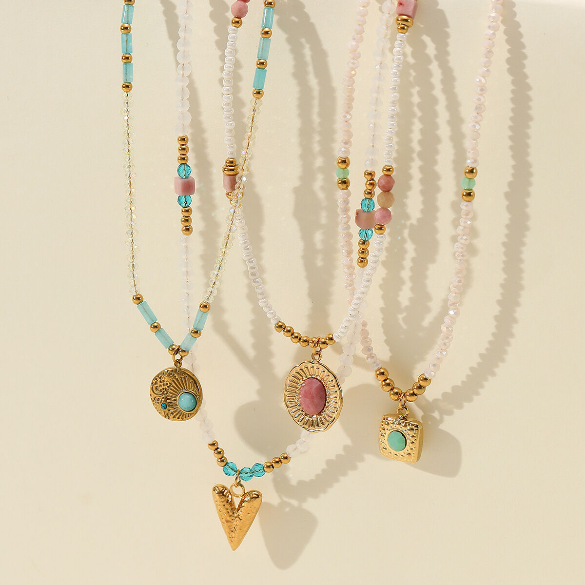 Retro Beaded Heart - shaped Stainless Steel Waterproof Women's Necklaces