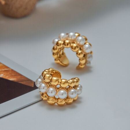 Retro Beads Stainless Steel Waterproof Gold Color Ear Cuffs