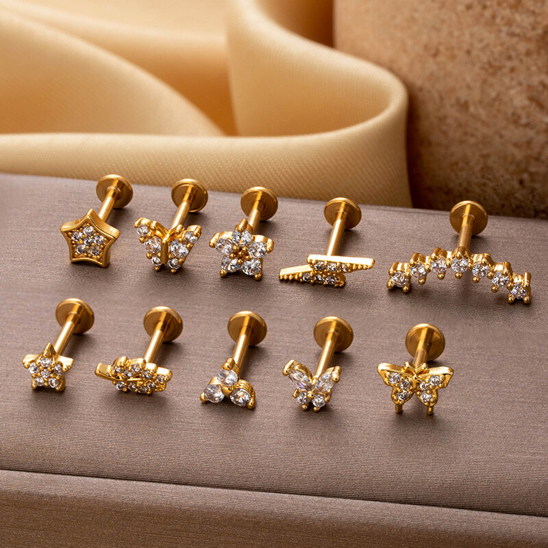 1 Piece Simple Series Simple Flower Copper   Gold Color  Zircon Women's Piercings Earrings