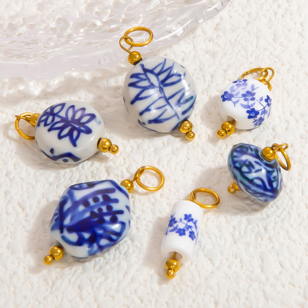 Blue and White Porcelain Stainless Steel Waterproof Gold Color Women's Pendants