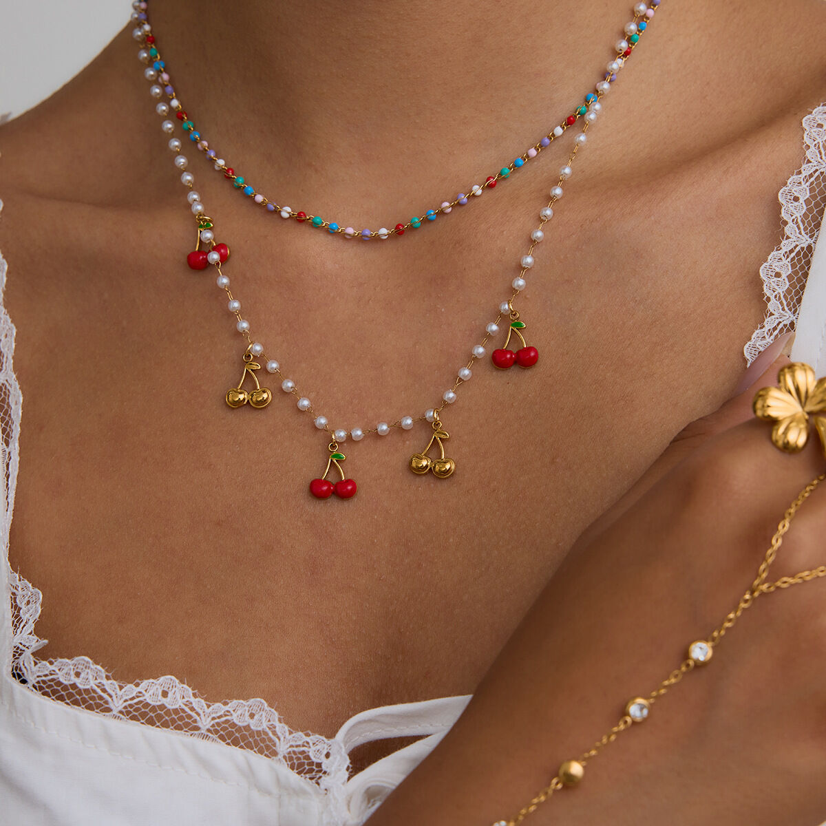 Sweet Cherry Stainless Steel Waterproof Gold Color Pendant Necklace Picture3