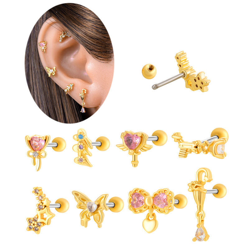 1 pezzo semplice serie cuore semplice color rame oro zircone orecchini da donna piercing 2
