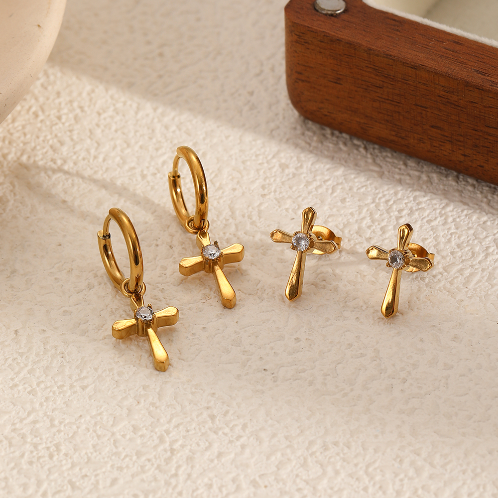 Cross Stainless Steel Waterproof Gold Color Stud Earrings