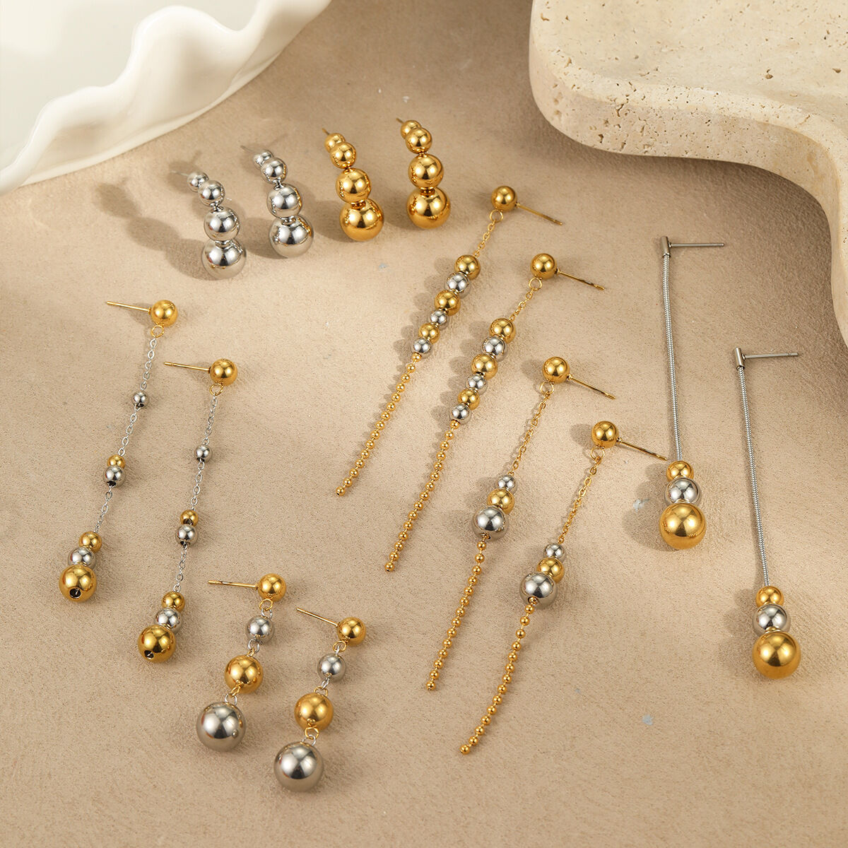1 Pair Simple Series Beads Stainless Steel Waterproof   Gold Color  Women's Drop Earrings