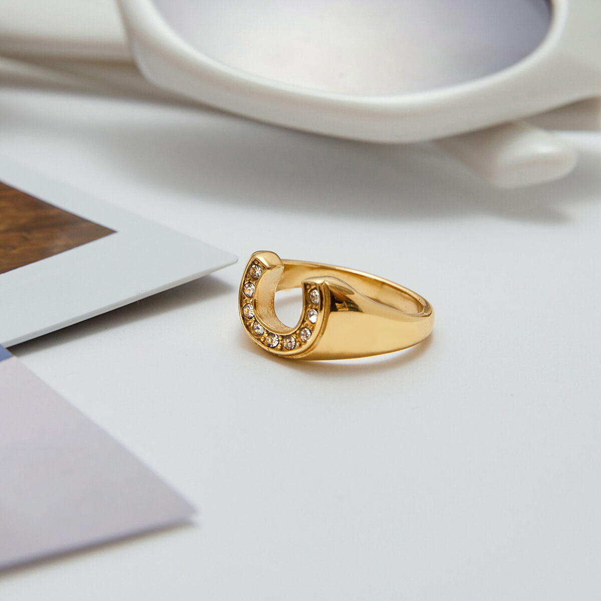 U-förmiger, wasserdichter, minimalistischer Edelstahlring in Goldfarbe h5 Bild5