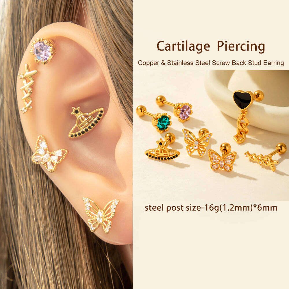 1 Adet Basit Seri Basit Kalp Bakır Altın Rengi Zirkonyum Kadın Piercing Küpe h5Resim3