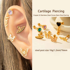 1 Adet Basit Seri Basit Kalp Bakır Altın Rengi Zirkonyum Kadın Piercing Küpe h5 Resim3
