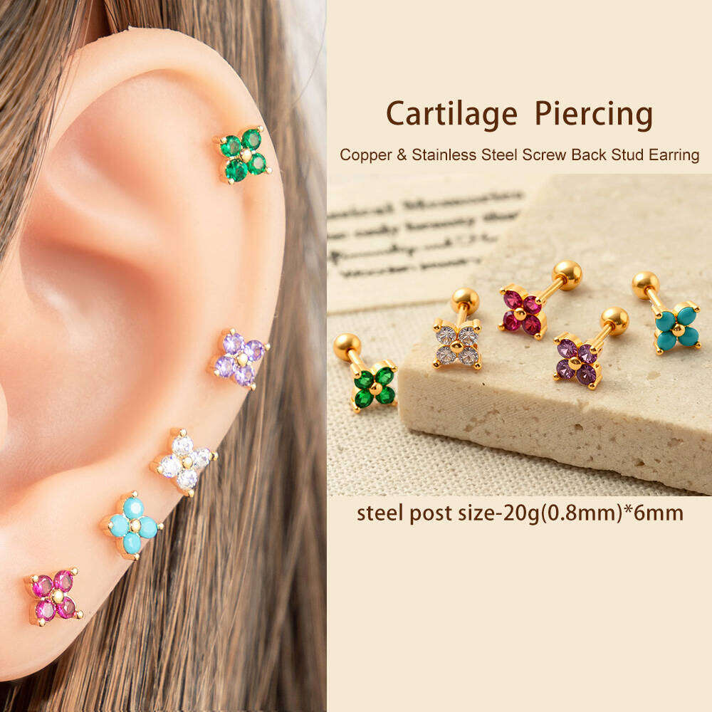 1 Piece Simple Series Simple Flower Copper Gold Color Zircon Women's Piercings Earrings h5Picture3