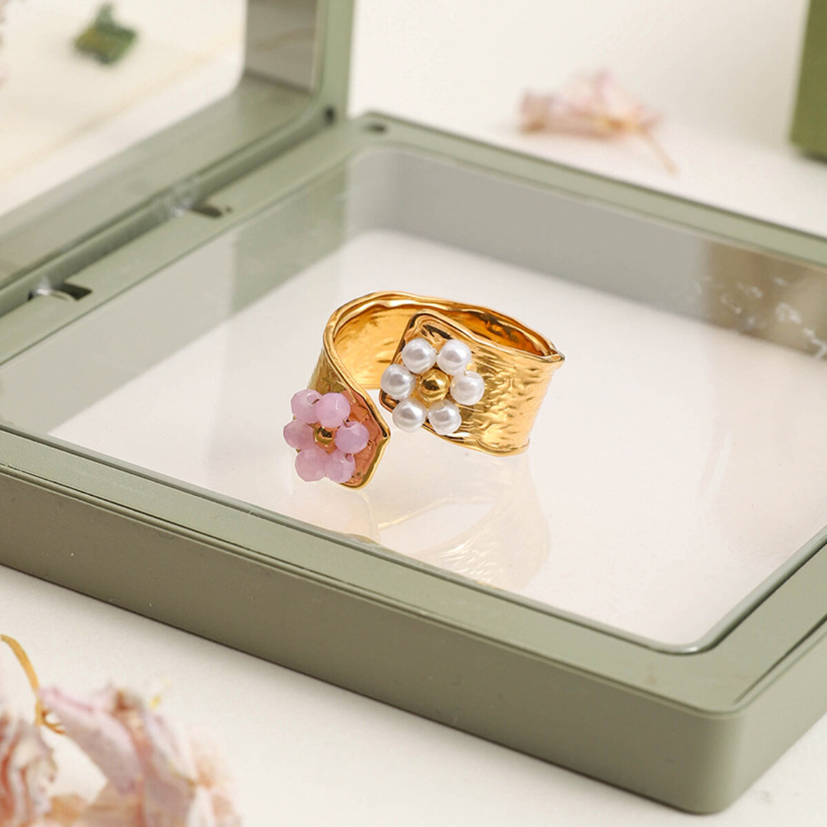 Romantic Flower Stainless Steel Waterproof Gold Color Statement Ring