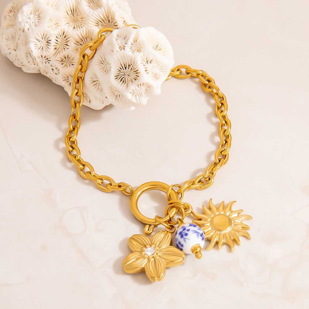 Classical Sun Stainless Steel Waterproof Gold Color Women's Charm Bracelets 2