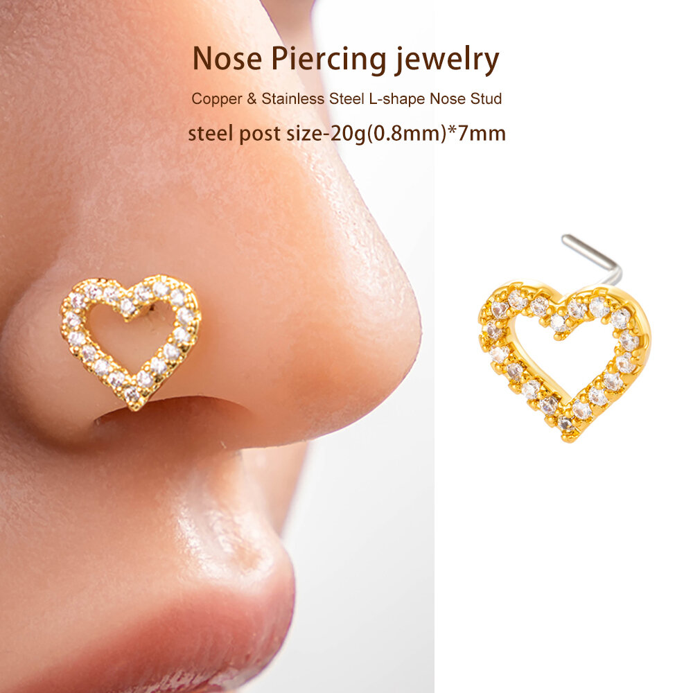 1 Piece Heart Copper Gold Color Zircon Women's Nose Stud h5Picture6