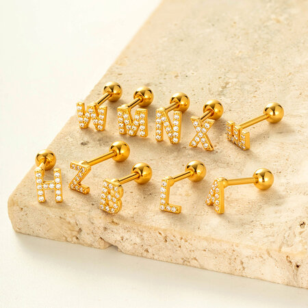 1 pieza de pendientes de piercing para mujer con circonitas de color cobre y dorado con letras sencillas