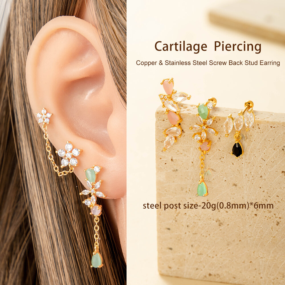 Boucles d'oreilles piercing en zircon couleur or et cuivre fleur h5Image4