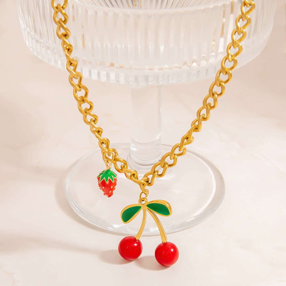 Sweet Cherry Stainless Steel Waterproof Gold Color Pendant Necklaces