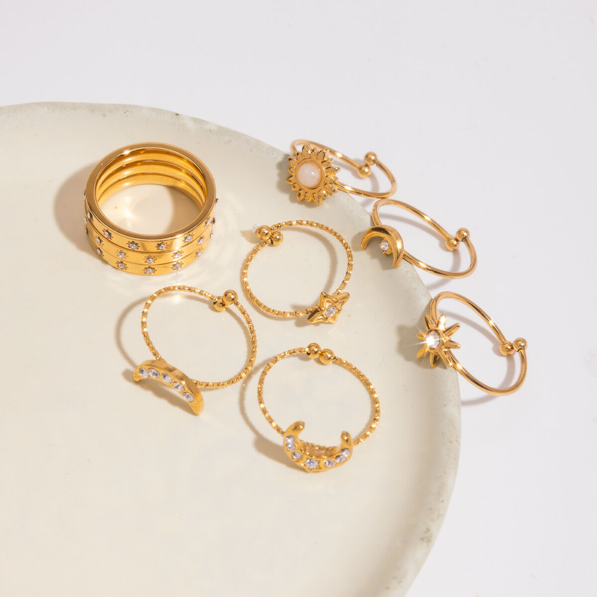 Casual Sun/Moon Stainless Steel Waterproof Gold Color Ring Sets 2