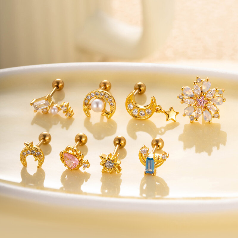 1 Stück Simple Series Simple Sonne/Mond Kupfer Gold Farbe Zirkon Damen Piercings Ohrringe