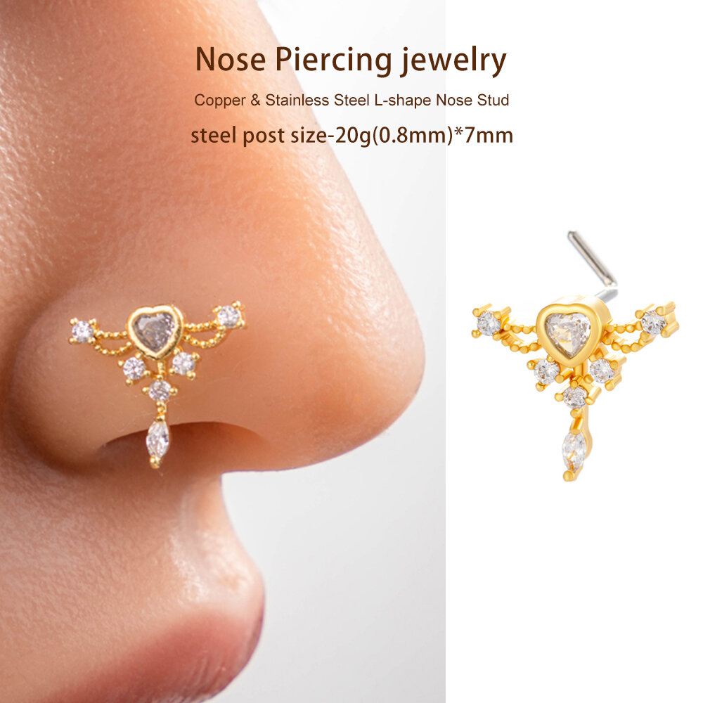 1 Piece Delicate Heart Copper Gold Color Zircon Women's Nose Stud Picture5