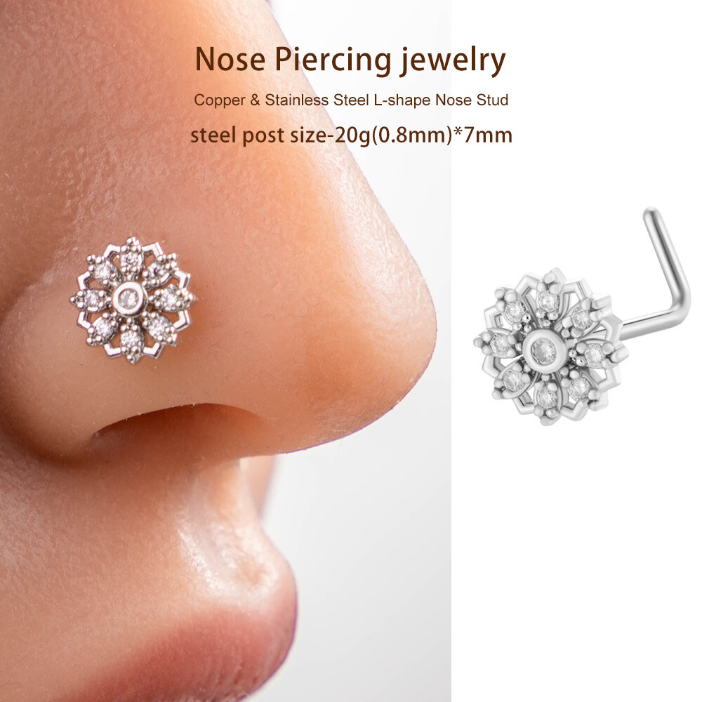 1 Piece Dazzling Flower Copper Gold Color Zircon Women's Nose Stud h5Picture6