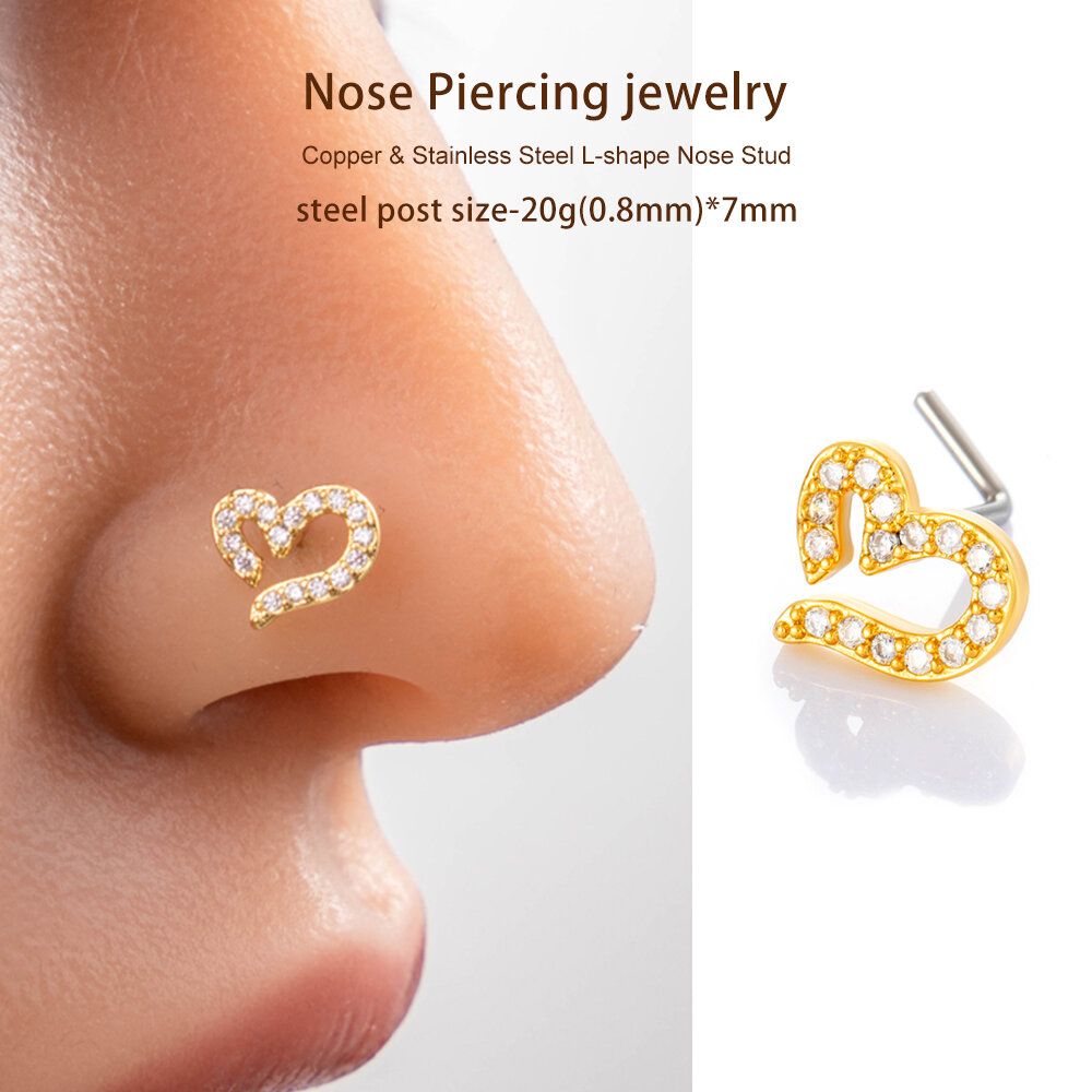 1 Piece Heart Copper Gold Color Zircon Women's Nose Stud h5Picture5
