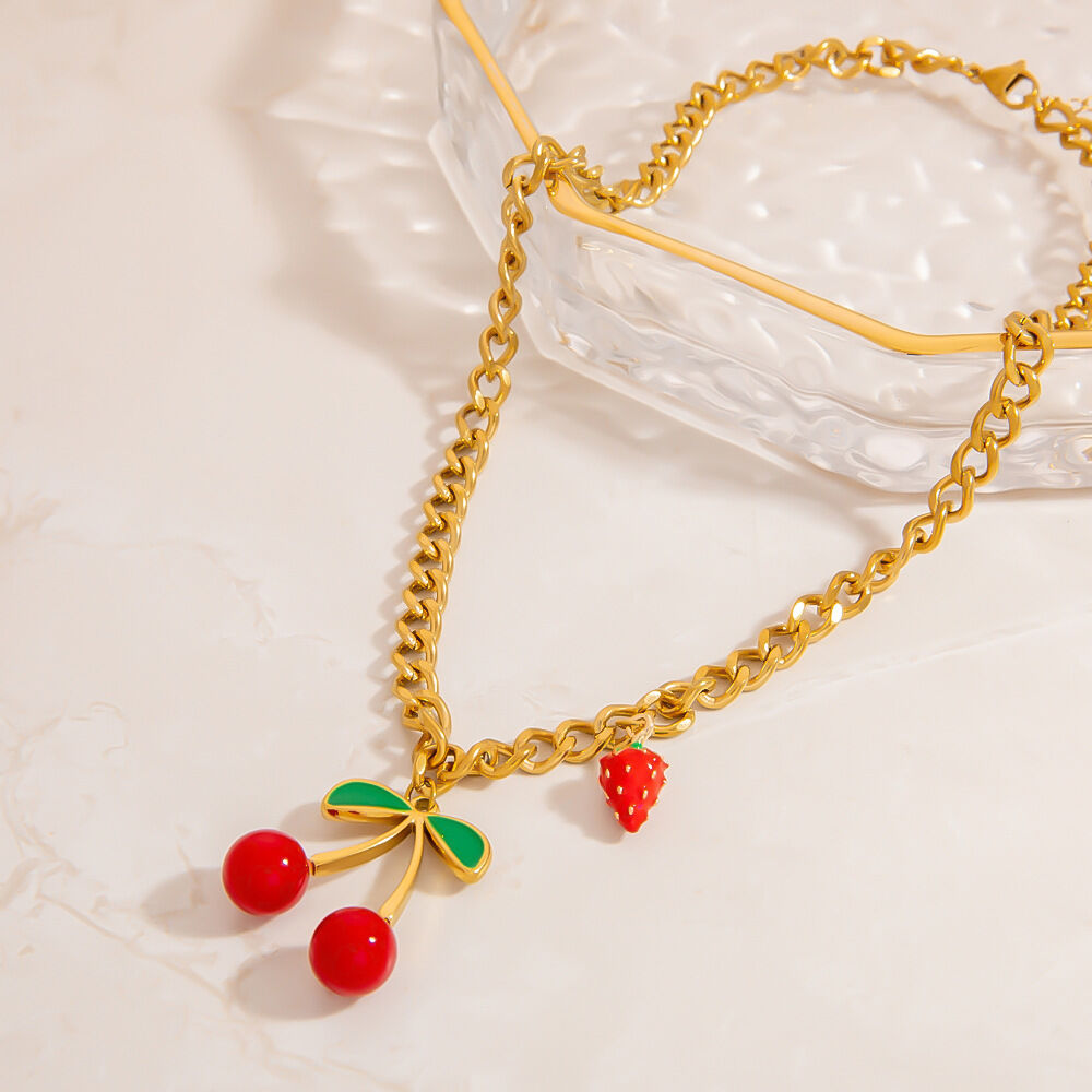 Sweet Cherry Stainless Steel Waterproof Gold Color Pendant Necklaces 2
