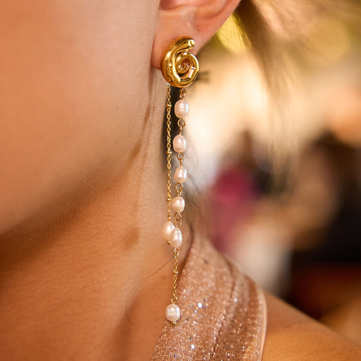Elegant Tassel Stainless Steel Waterproof Gold Color Beads Earrings