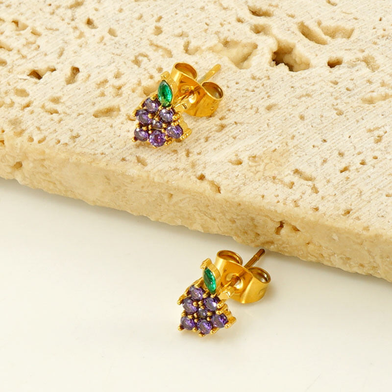 Grape Stainless Steel Waterproof Gold Color Piercings Earrings Picture3