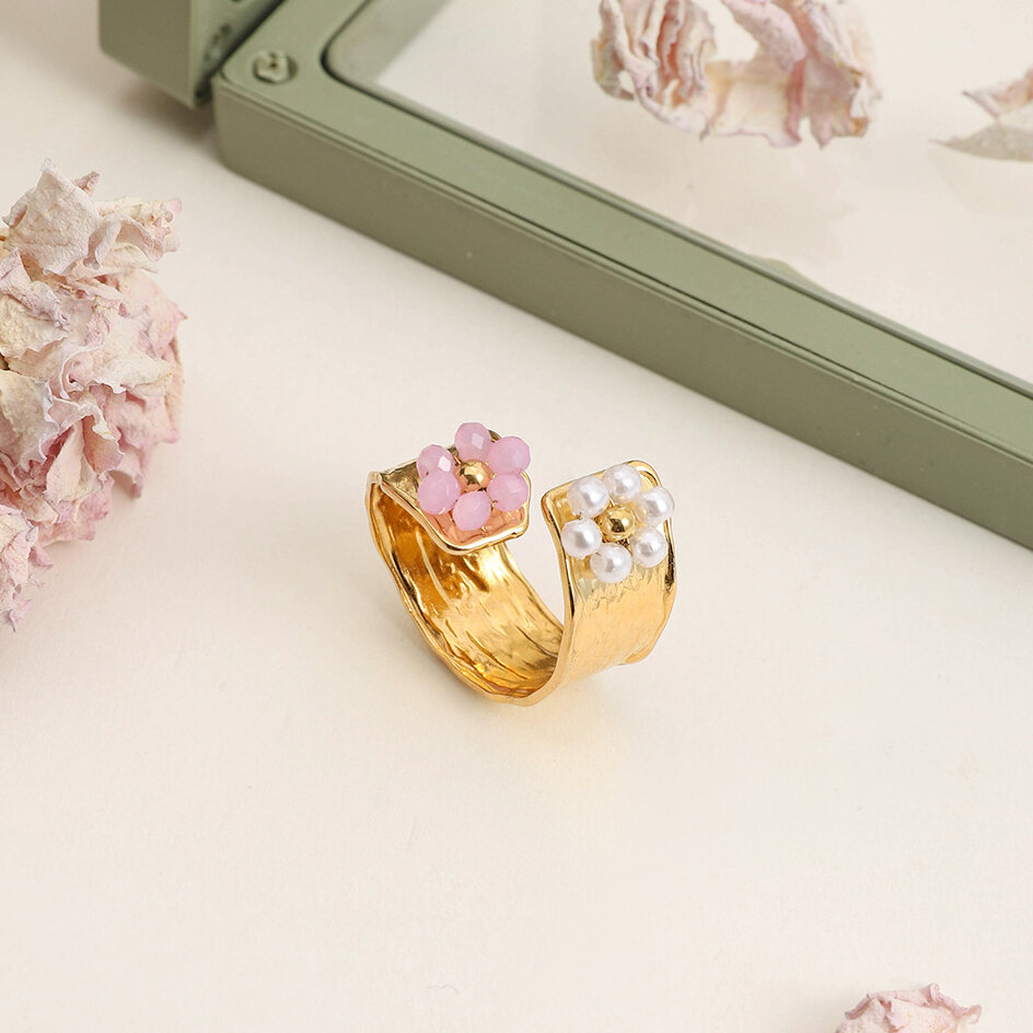 Romantic Flower Stainless Steel Waterproof Gold Color Statement Ring 2
