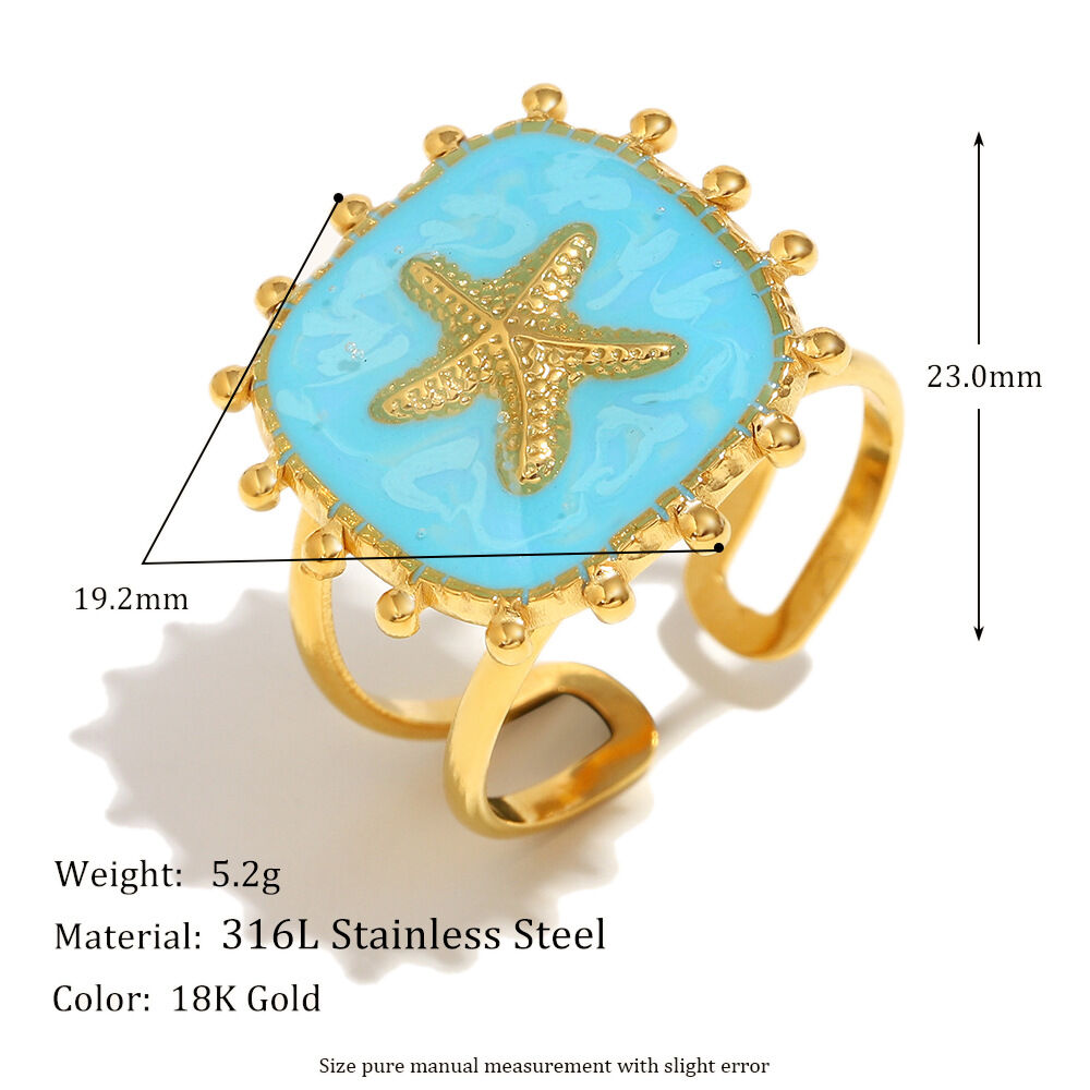 Quadratischer, offener Ring mit Öltropfen-Seestern und Perlenrand – Gold 
