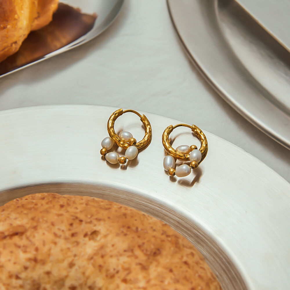 Retro Stainless Steel Waterproof Gold Color Pearl Hoop Earrings h5Picture5
