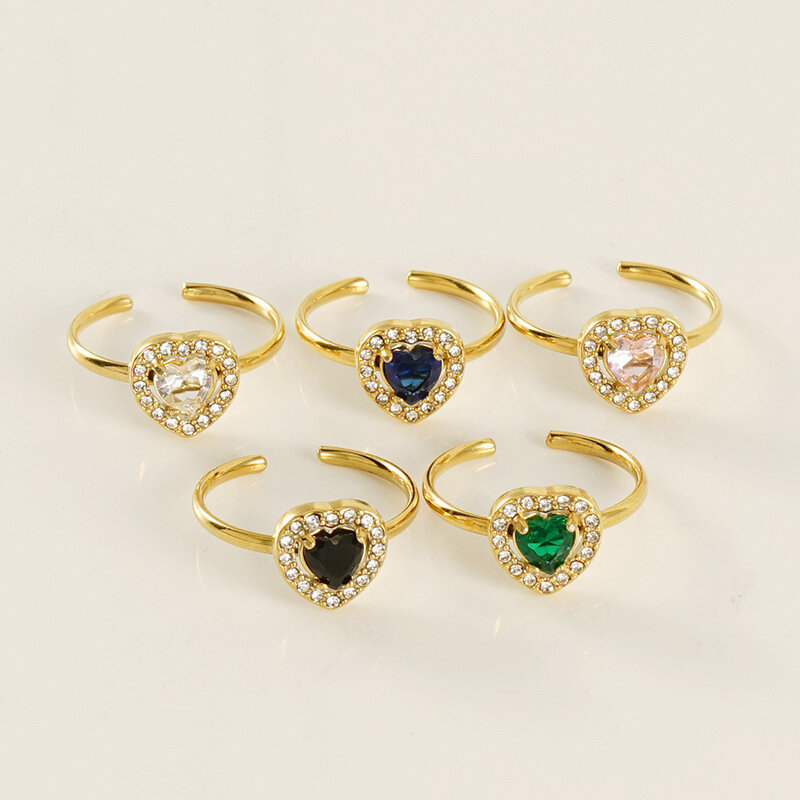 Heart Stainless Steel Waterproof Gold Color Gemstone Rings