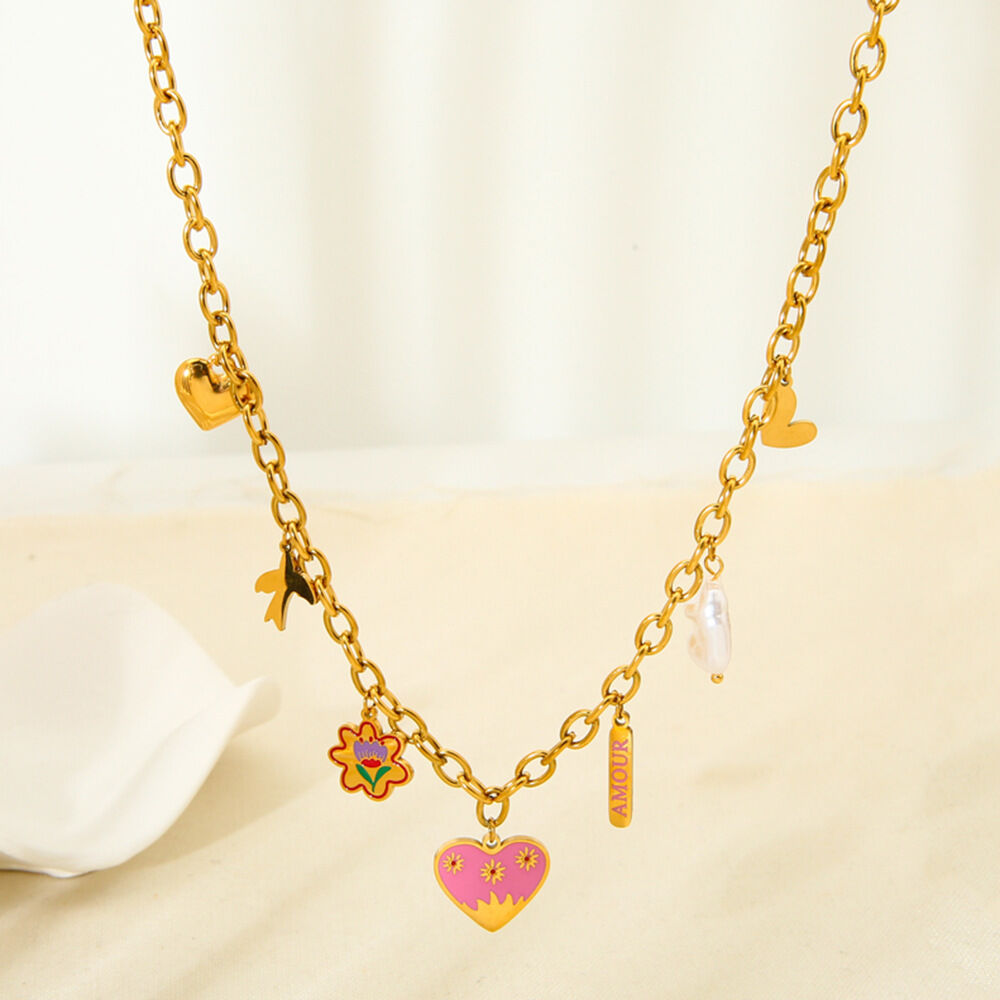 Pink Color Heart Pendant DIY Stainless Steel Waterproof Women's Necklace