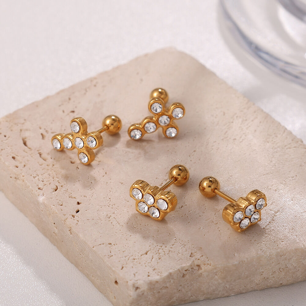 Cross Stainless Steel Waterproof Gold Color Piercing Earrings h5 Picture2