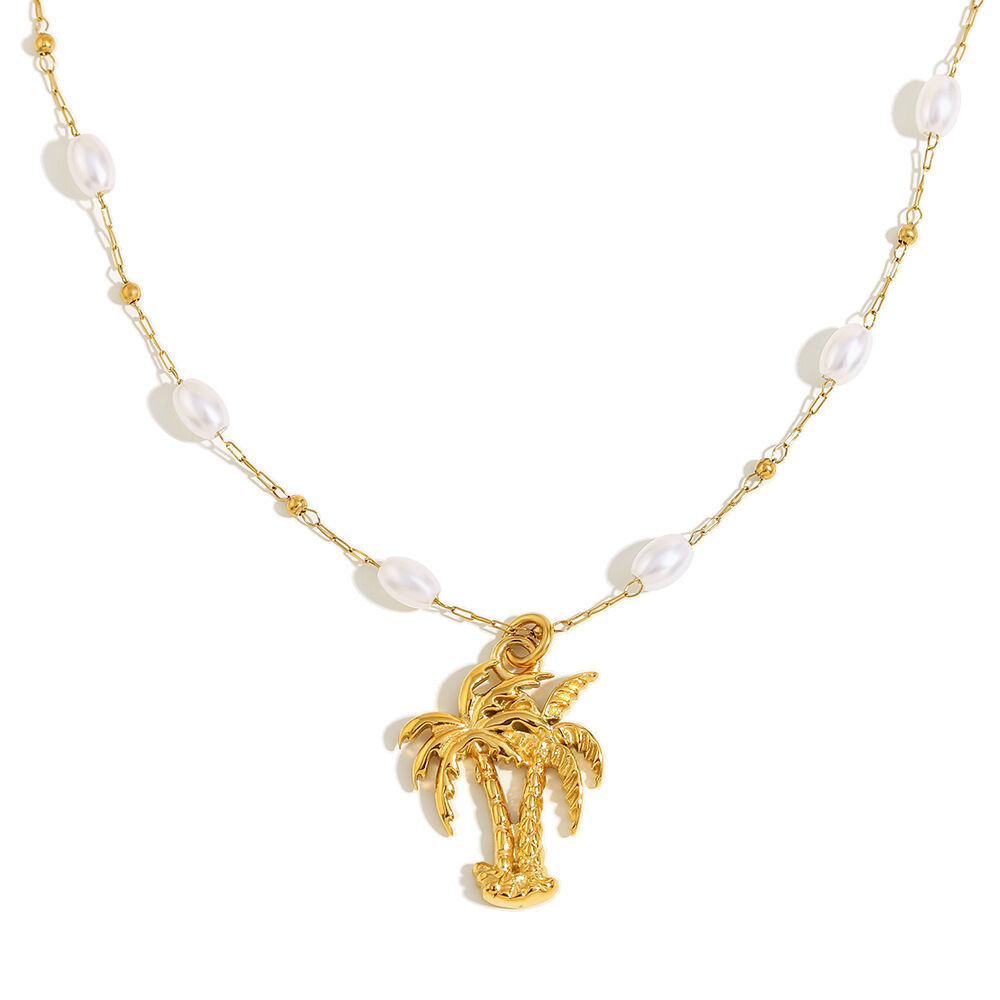 Imitation Pearl Coconut Tree Pendant Necklace - Gold