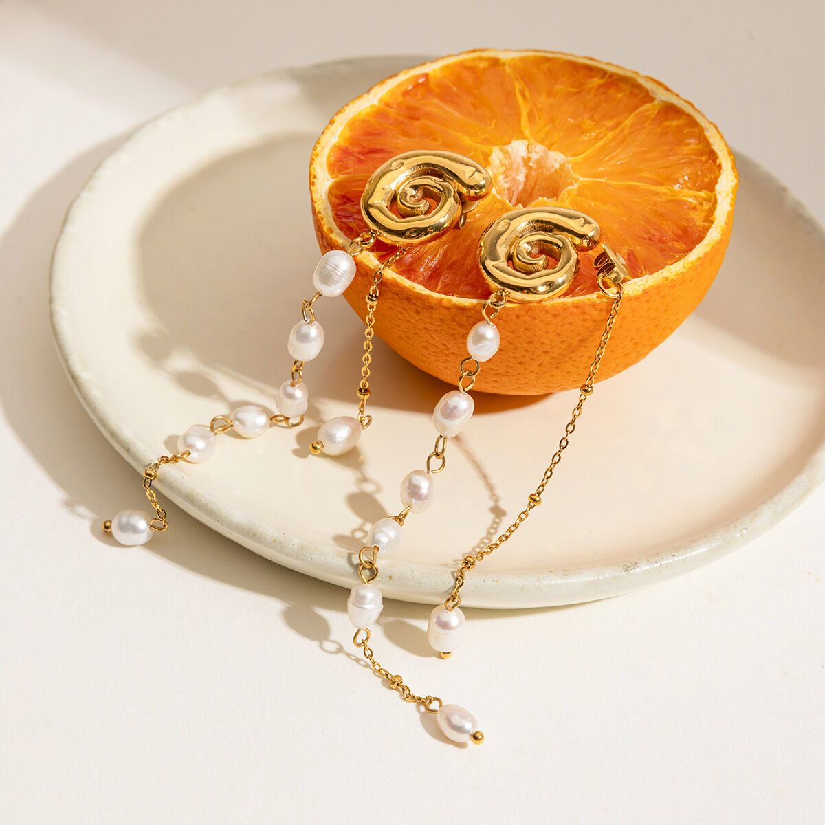 Elegant Tassel Stainless Steel Waterproof Gold Color Beads Earrings Picture4