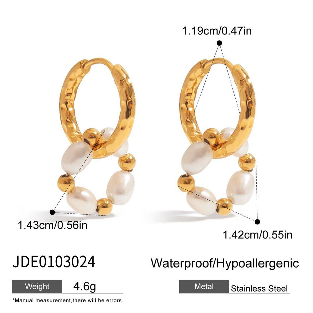Retro Stainless Steel Waterproof Gold Color Pearl Hoop Earrings h5Picture2