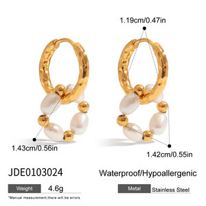 Retro Stainless Steel Waterproof Gold Color Pearl Hoop Earrings h5 Picture2