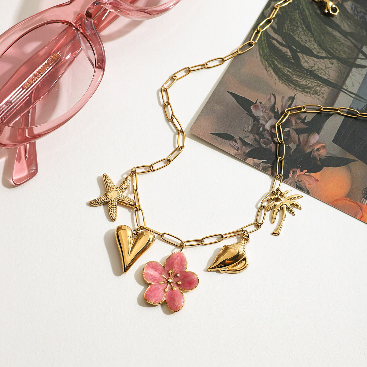 Sweet Flower Stainless Steel Waterproof Gold Color Pendant Necklaces