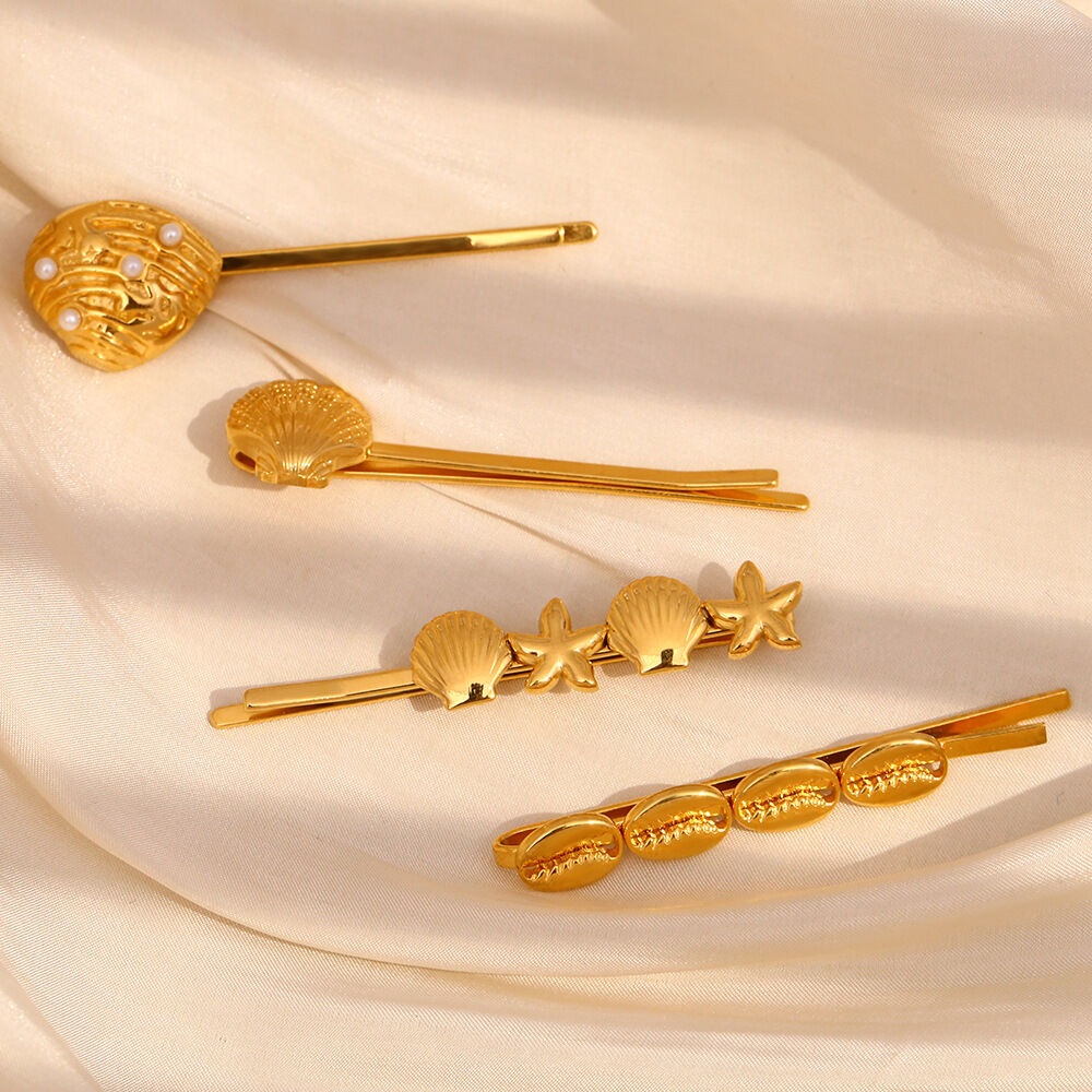 1 Piece Ocean Series Vintage - designed Gold - colored Stainless Steel Hair Clips 2
