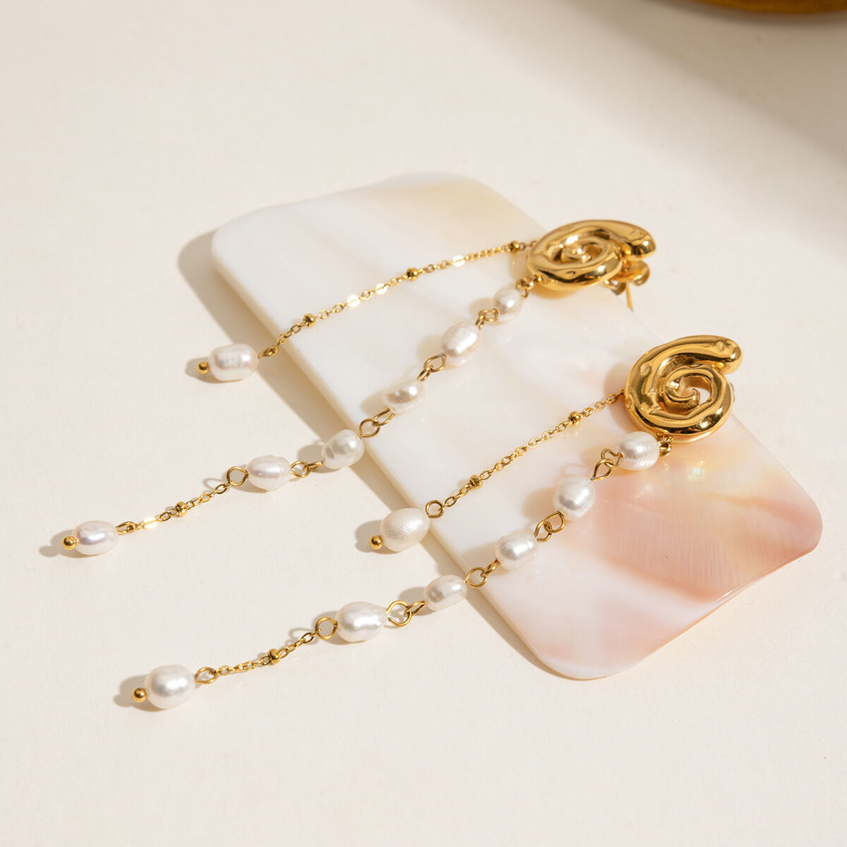 Elegant Tassel Stainless Steel Waterproof Gold Color Beads Earrings h5 Picture6