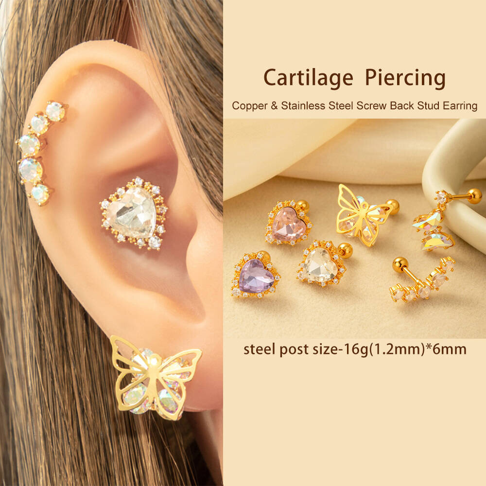 1 Adet Basit Seri Basit Kalp Bakır Altın Rengi Zirkonyum Kadın Piercing Küpe Resim4