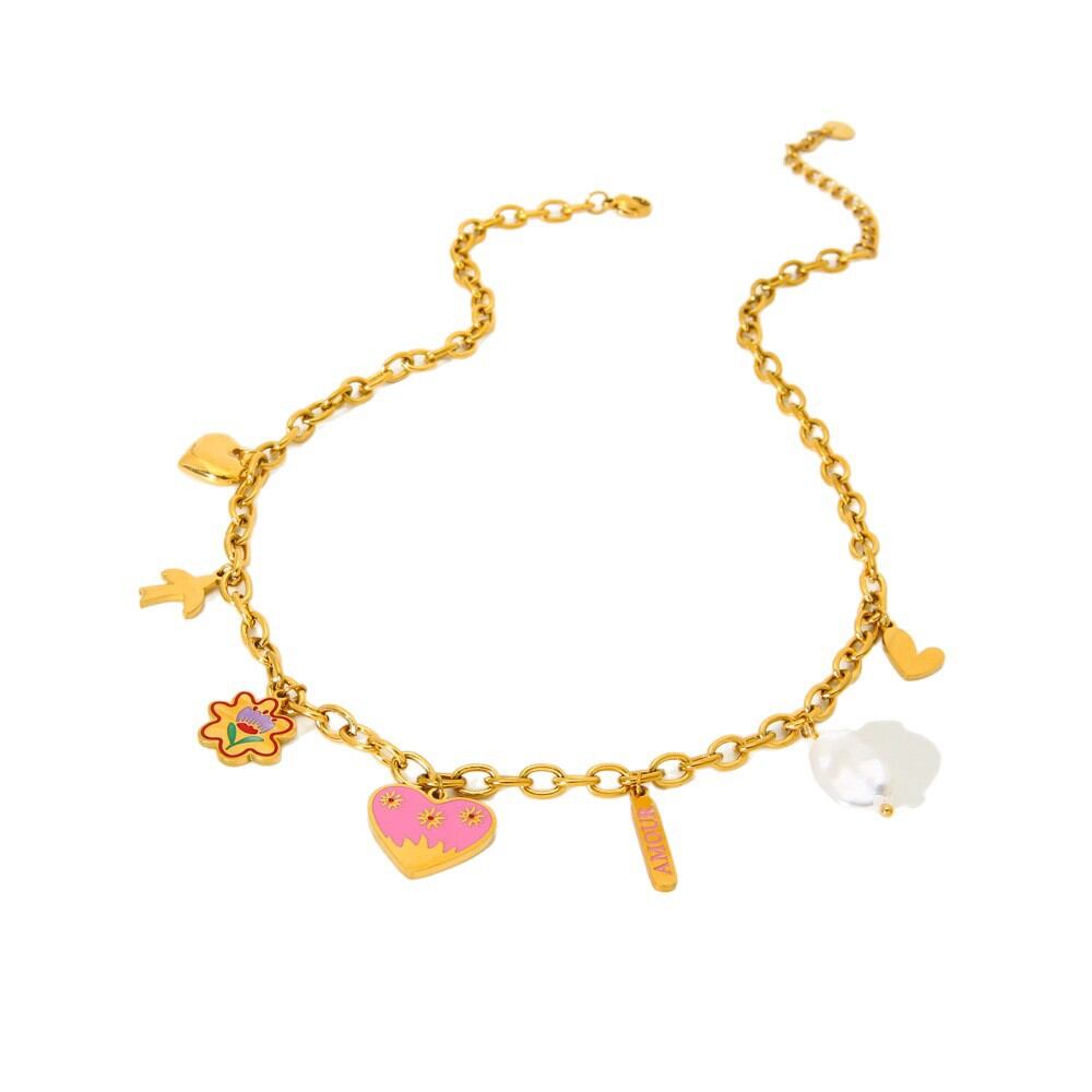 Pink Color Heart Pendant DIY Stainless Steel Waterproof Women's Necklace Picture5
