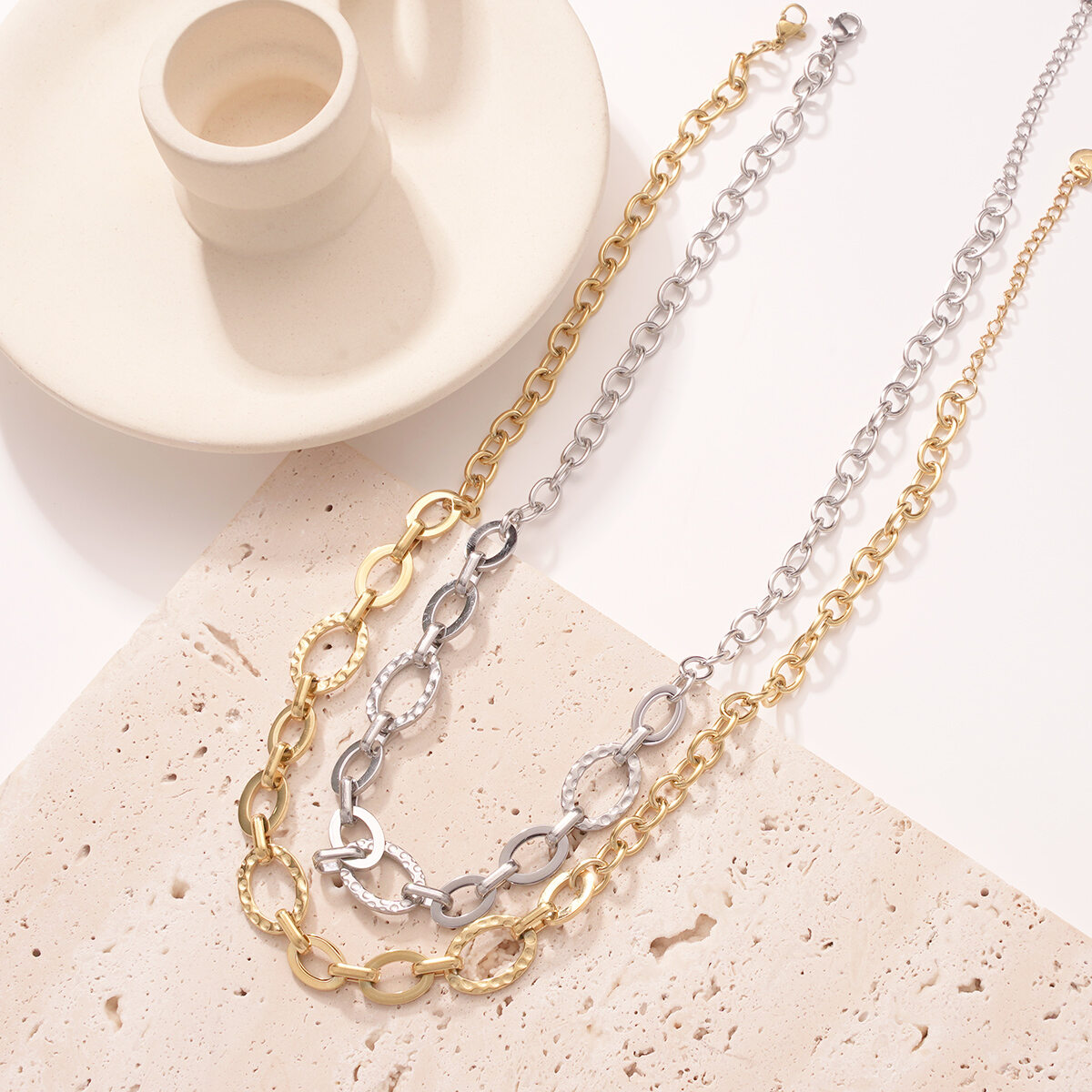 Hammered Texture Oval Chain Stainless Steel Waterproof Gold Color Women's Chain Necklaces h5 Picture3