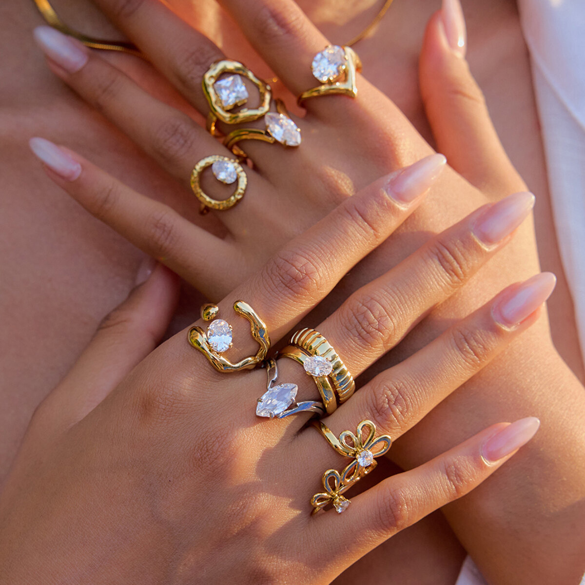 Luxurious Stainless Steel Waterproof Gold Color Gemstone Ring