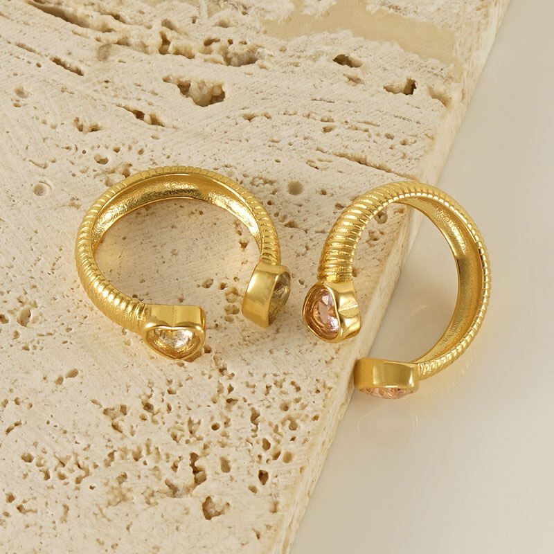 Heart Stainless Steel Waterproof Gold Color Gemstone Rings 2