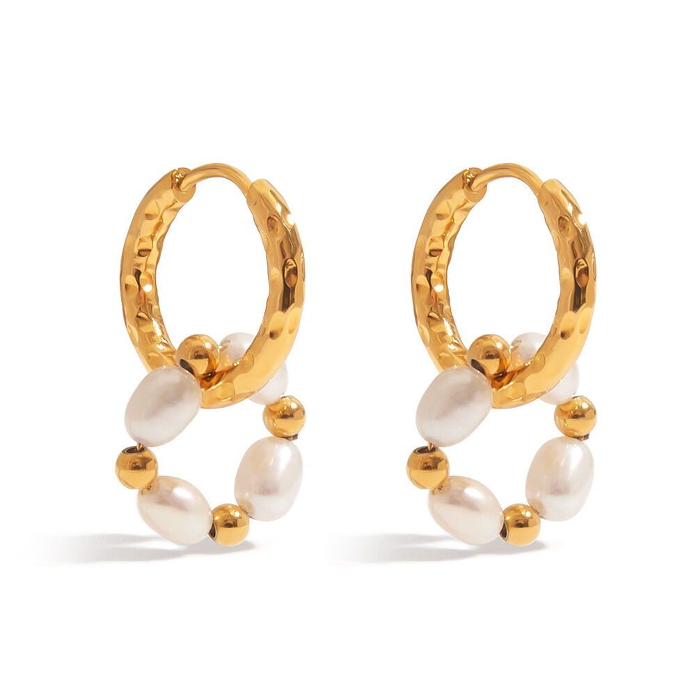 Retro Stainless Steel Waterproof Gold Color Pearl Hoop Earrings