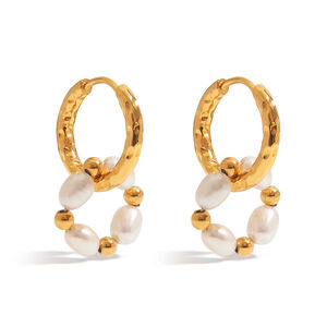 Retro Stainless Steel Waterproof Gold Color Pearl Hoop Earrings h5