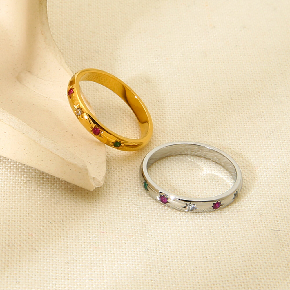Klassische Serie Retro Star Edelstahl Wasserdicht Goldfarbene Zirkonia-Ringe Goldfarben
