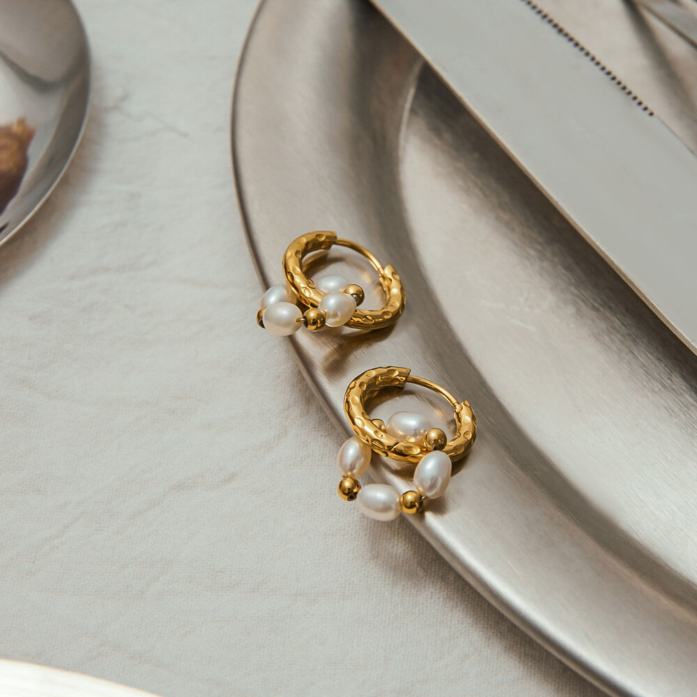 Retro Stainless Steel Waterproof Gold Color Pearl Hoop Earrings h5Picture4