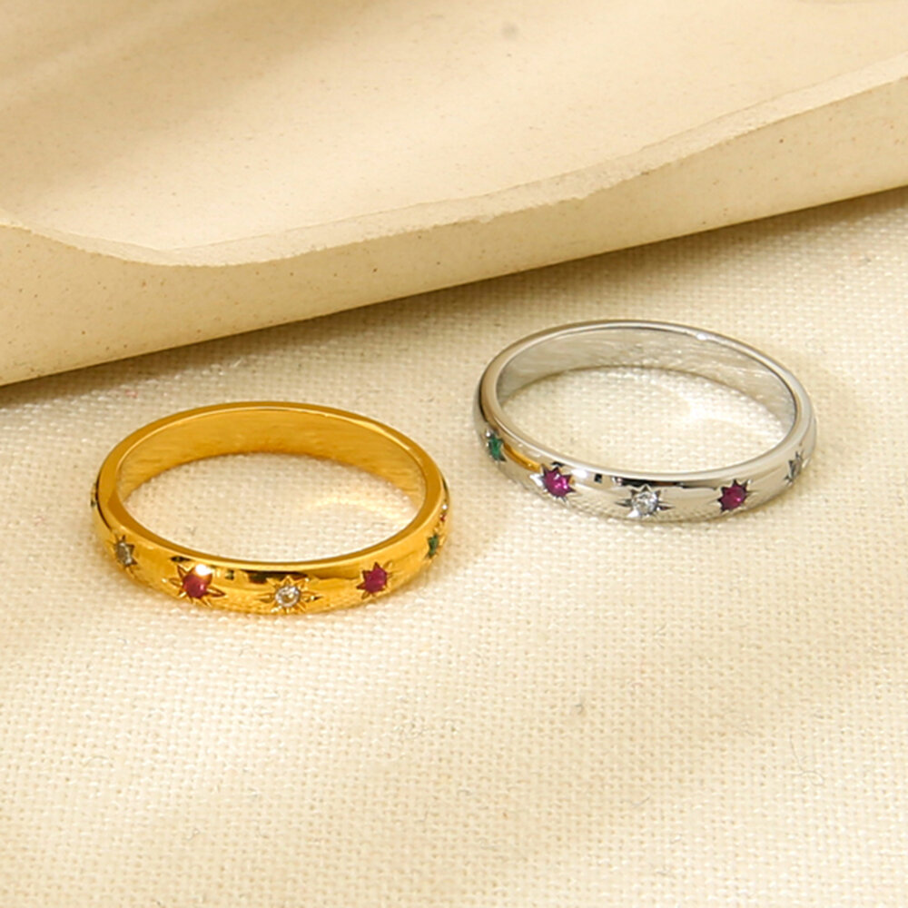 Klassische Serie Retro Star Edelstahl Wasserdicht Goldfarbene Zirkonia-Ringe Goldfarben 2